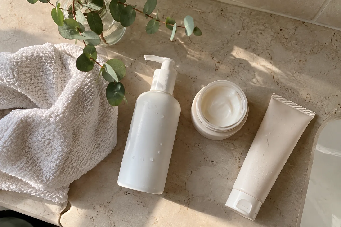 Unbranded skincare bottles, a moisturiser jar and a sprig of eucalyptus on a pale stone shelf