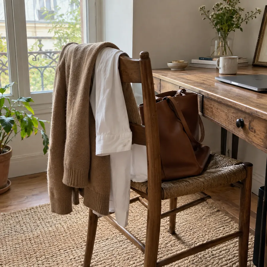 Camel cardigan and white shirt draped over a wooden chair beside a leather bag