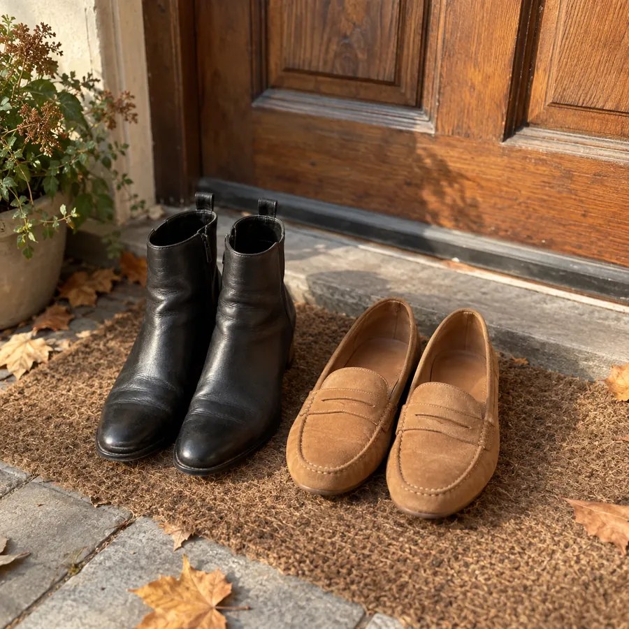 Black leather ankle boots and tan loafers on a doormat by a wooden door