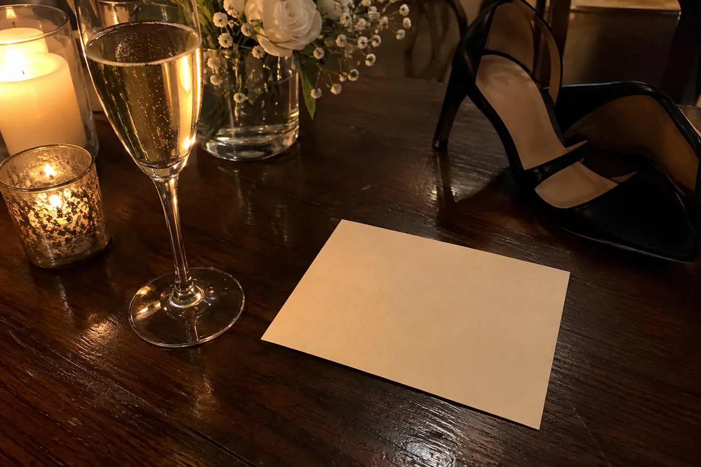Blank cream card beside a glass of champagne and black heels on a dark wooden table