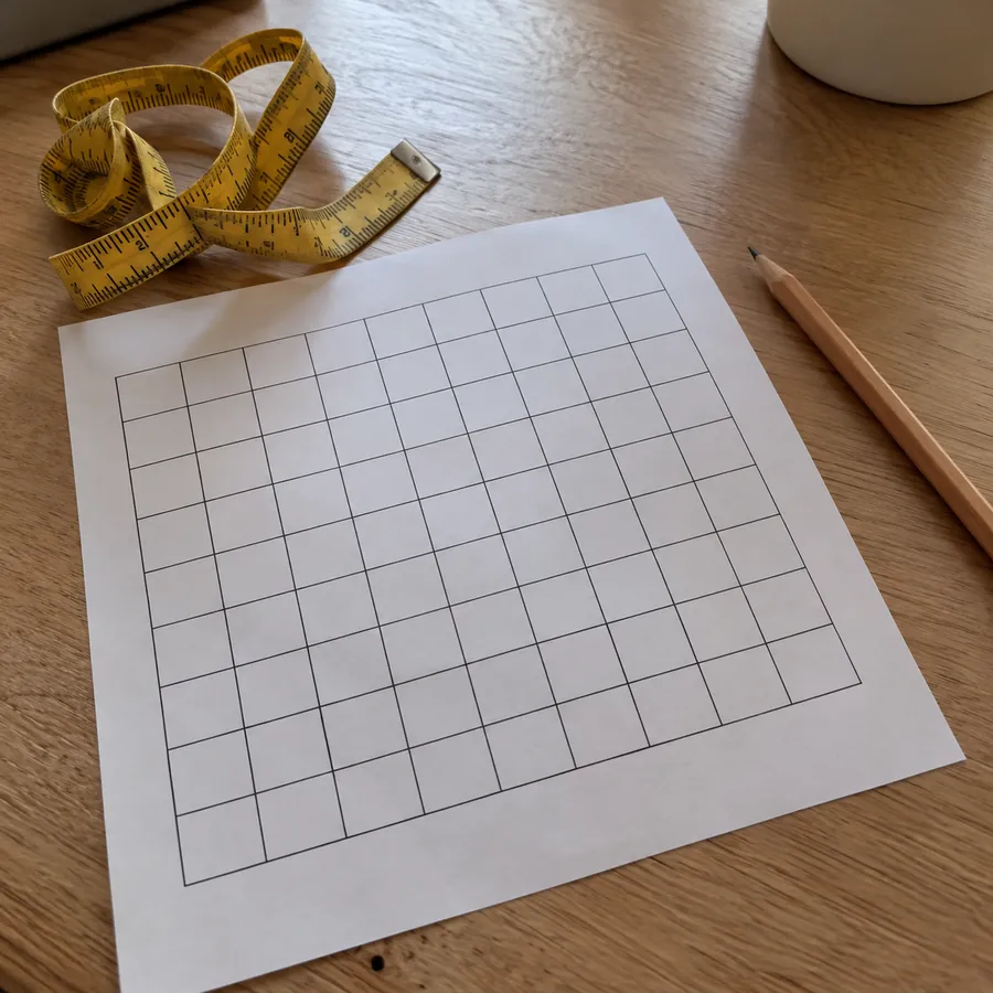 A blank paper grid, a folded measuring tape and a pencil on a wooden desk