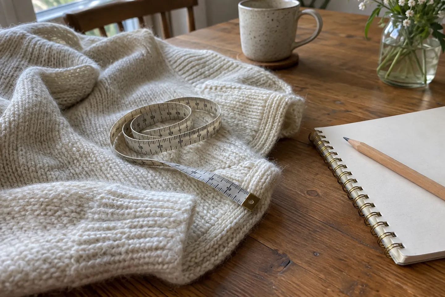 Soft measuring tape coiled on a cream wool sweater beside a pencil and notebook