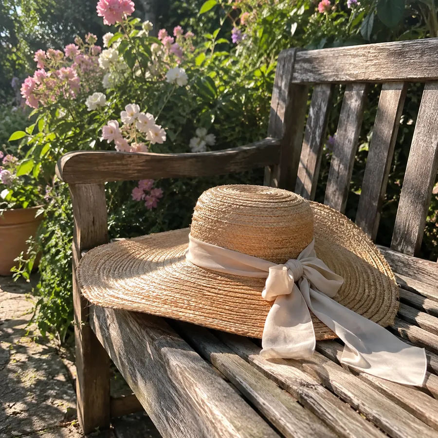 Wide-brim straw hat with a silk ribbon on a wooden garden bench
